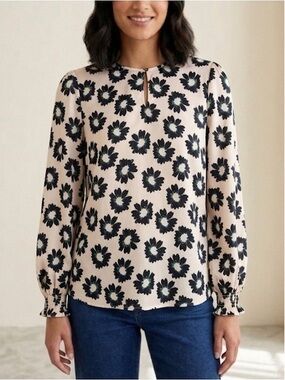 Ted Baker Keyhole Blouse Long Sleeve Cream Black Size Medium